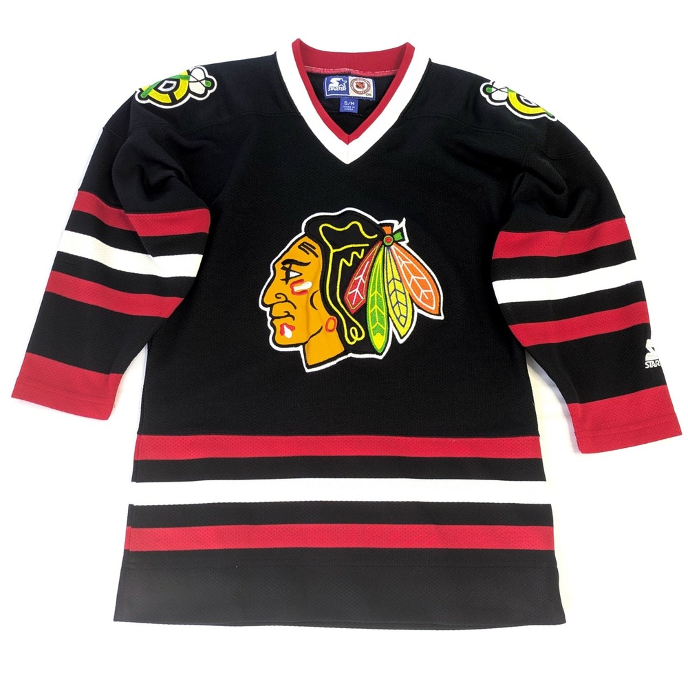 Vintage Starter Chicago Blackhawks NHL Jersey Black Red White S/M Western Conf